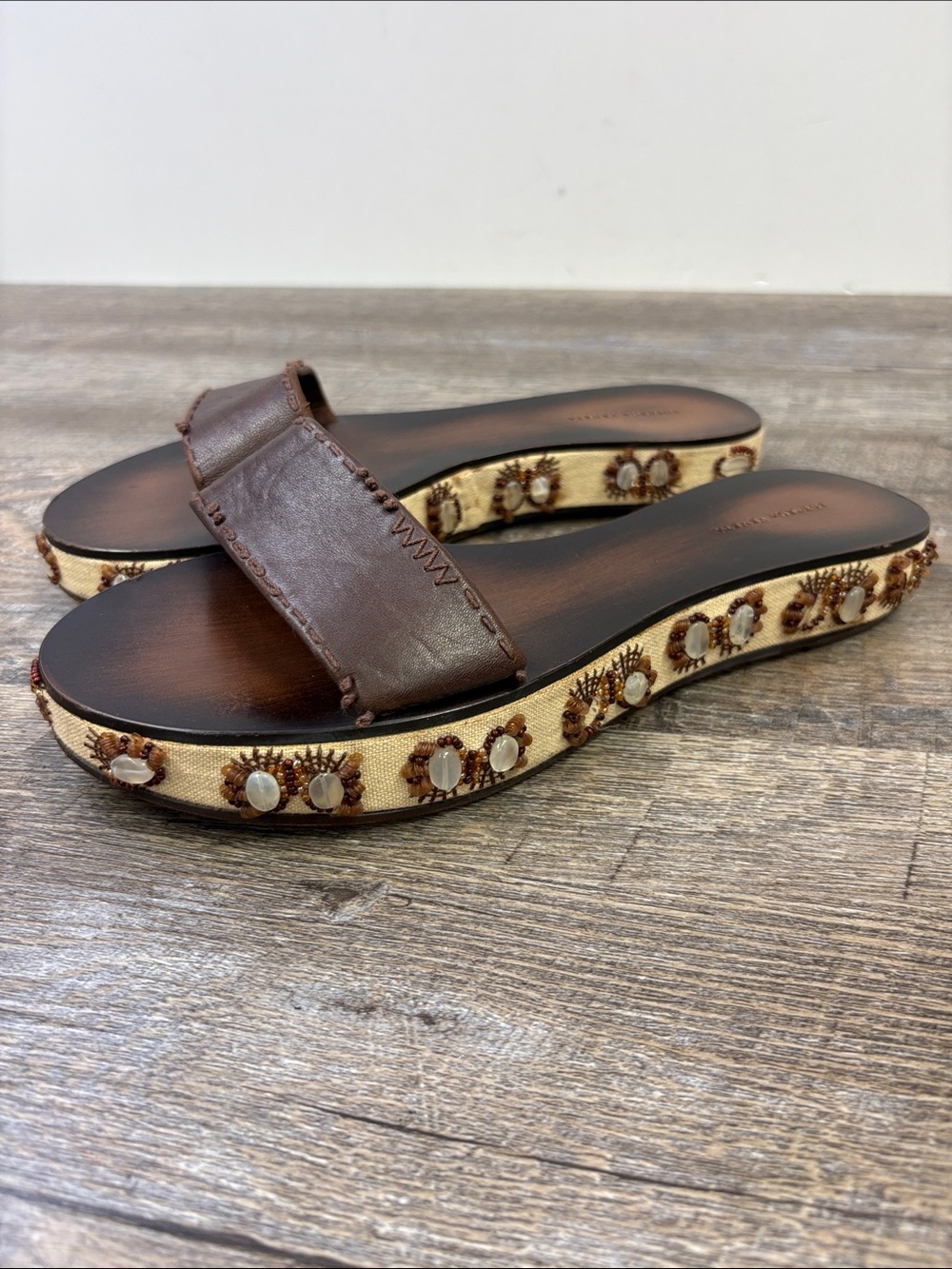 Bottega Veneta Brown Leather Beaded Embellished Slide Sandals Size 38